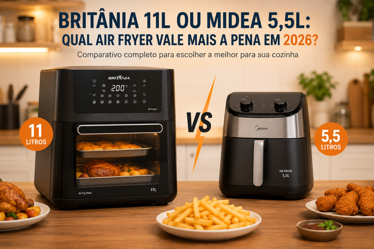 Air Fryer Oven Britânia BAF11A 11L ou Fritadeira Midea Air Fryer 5,5L