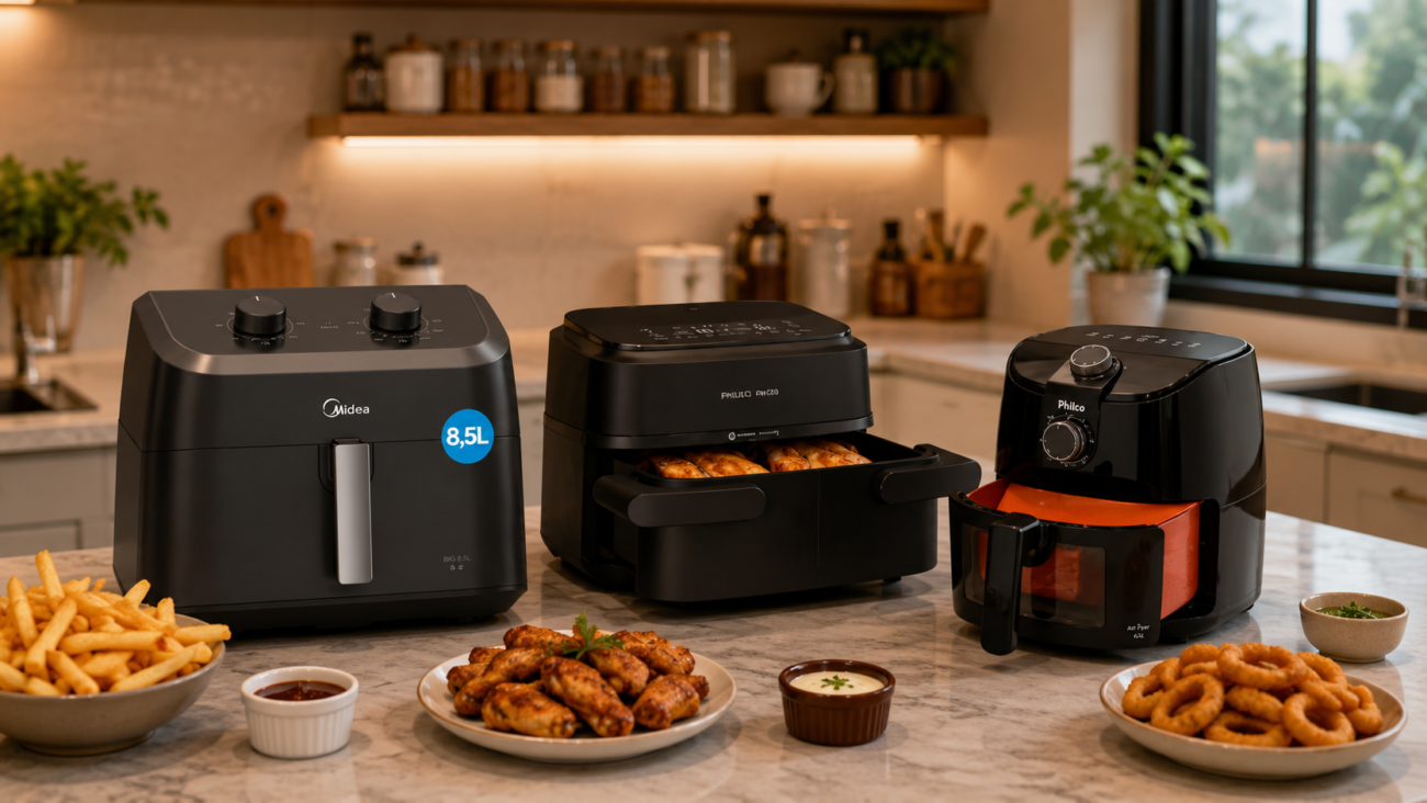 Melhor Air Fryer Grande ou Dupla: Qual Escolher Entre Philips 7,1L, Philco 4L e Midea 8,5L?